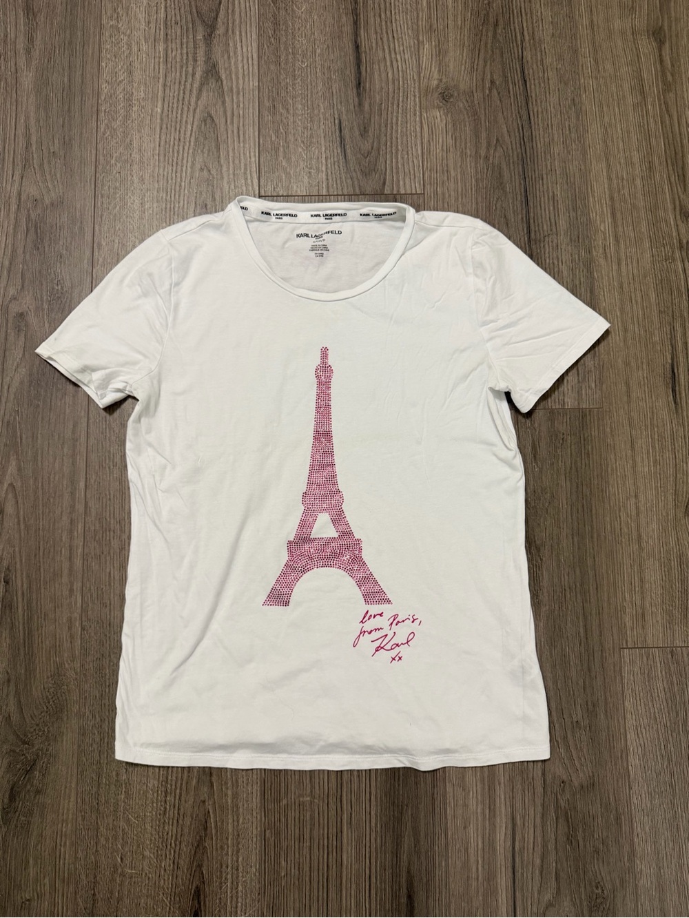 Karl Lagerfeld White Short Sleeve Tee with Pink Eiffel Tower